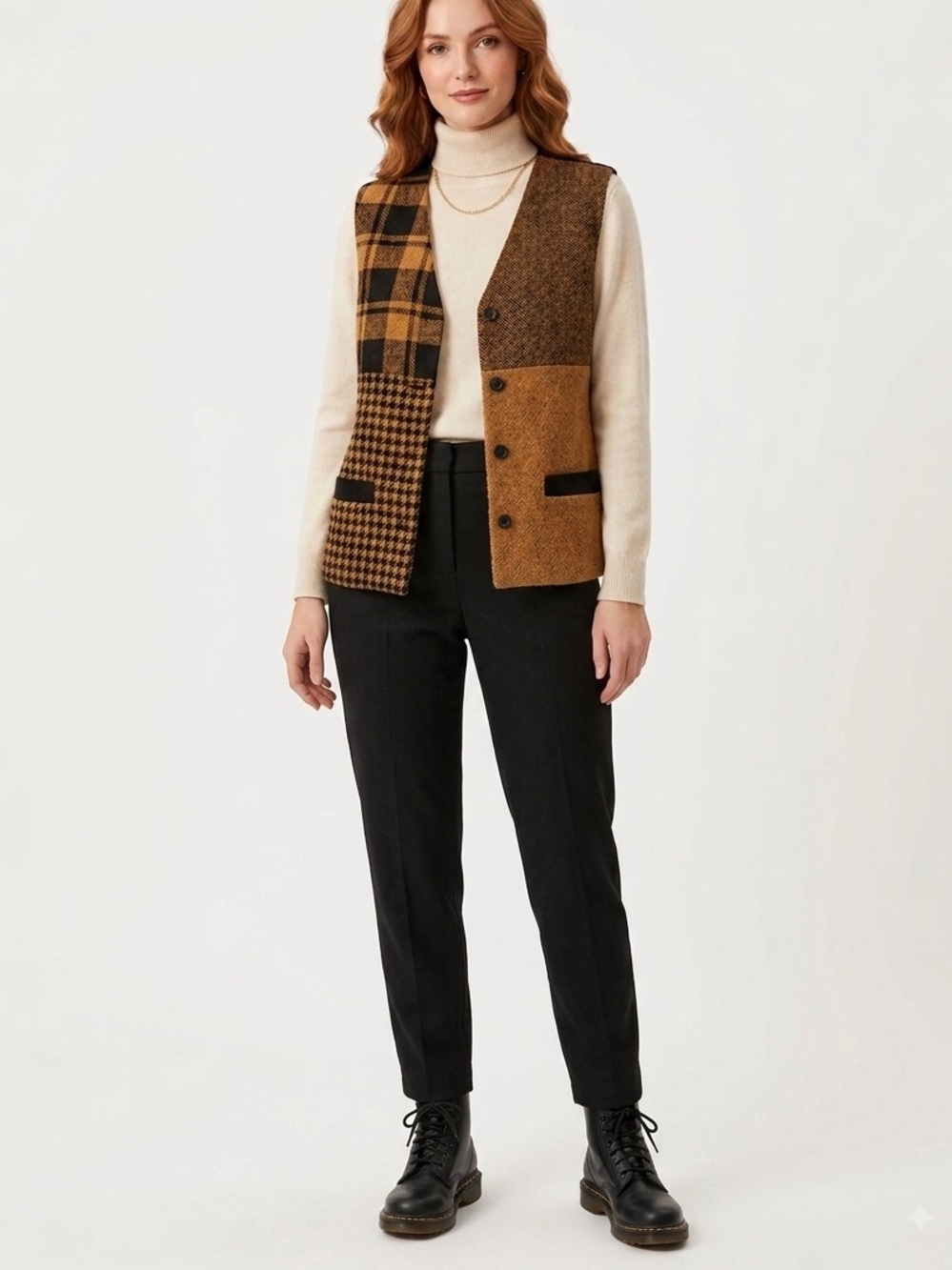 Vintage Simon Chang Silk Wool Patchwork Vest Plaid Houndstooth Herringbone 6